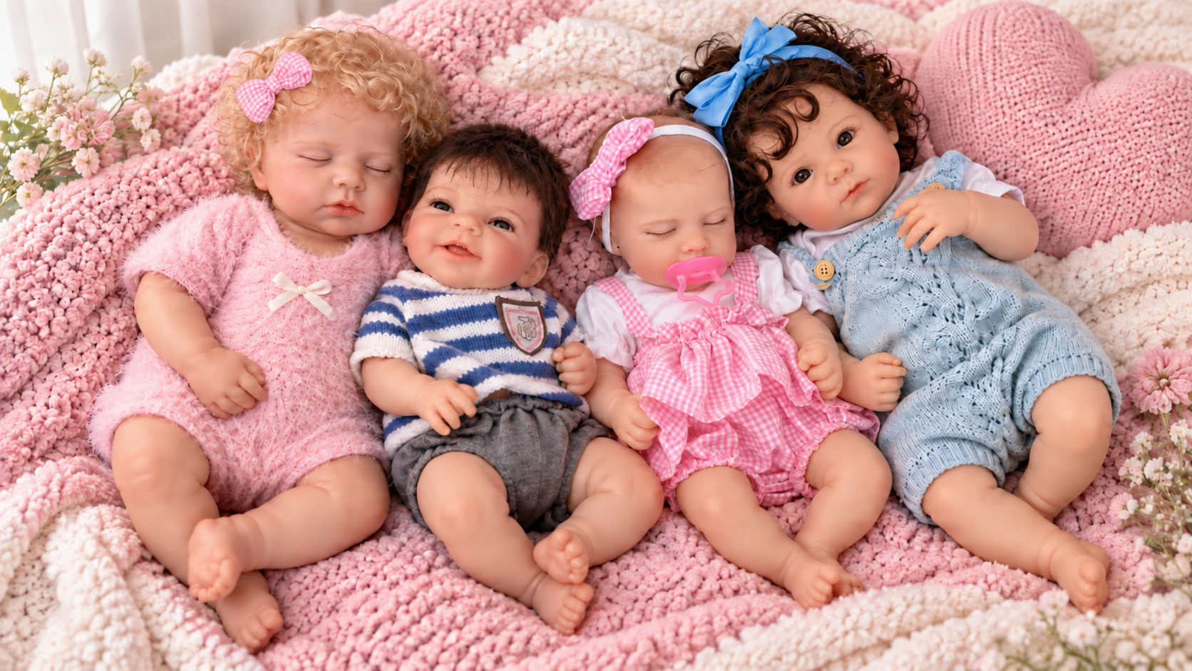 Cuatro bebés reborn juntos: rubia con moño rosa, niño de azul, niña de vestido rosa y niña de vinil vestida de azul